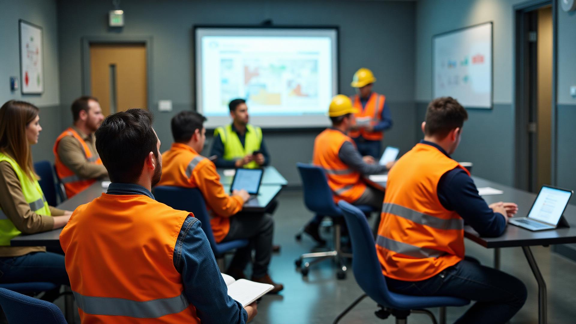 Blue collar workers learning in classroom training session