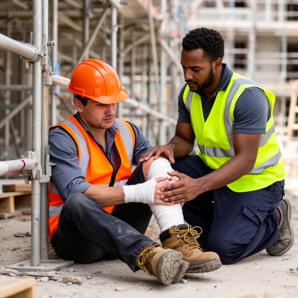 Injured construction worker receiving first aid on site — highlighting why effective WHS training videos matter