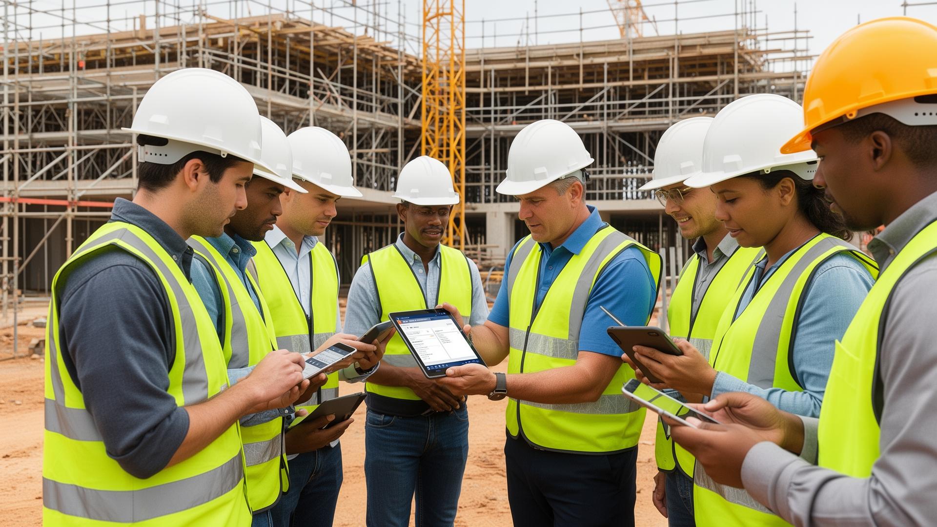 Workers using digital tablets for safety training in a modern industrial facility